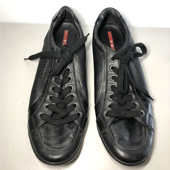 Prada Black Leather Lace Up Casual Low Top Sneaker Shoes Men’s Sz 10.5M US/44EU - Picture 4 of 14